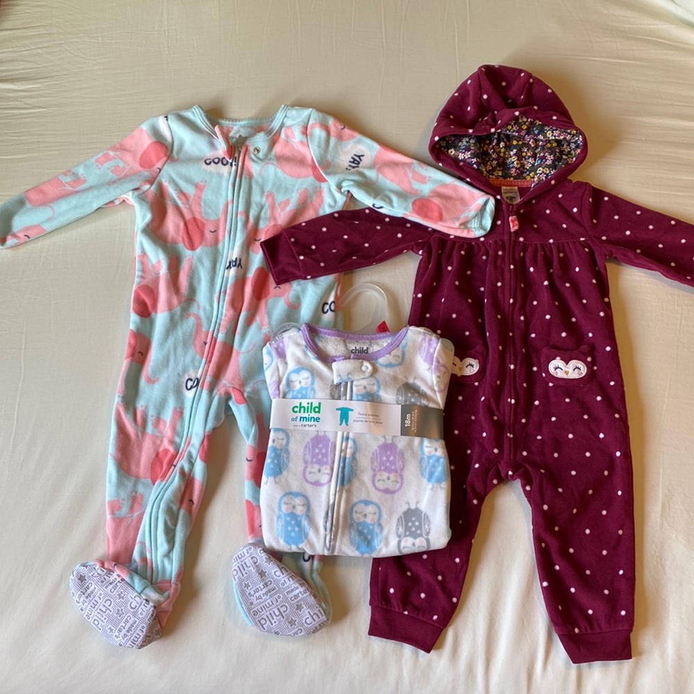 Brand new never worn warm cozy fleece onesies Jammies by Carter’s 12-18 month